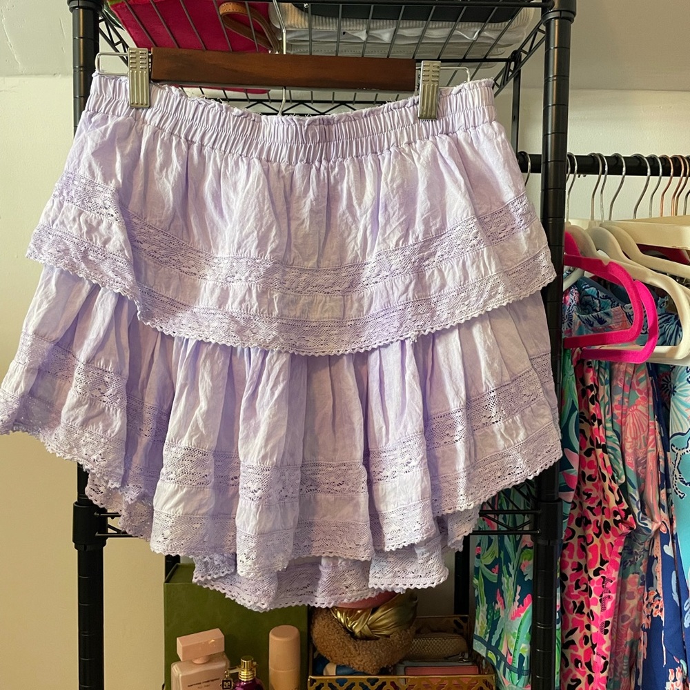 LoveShackFancy Ruffle Mini Skirt Lavender Tie Dye